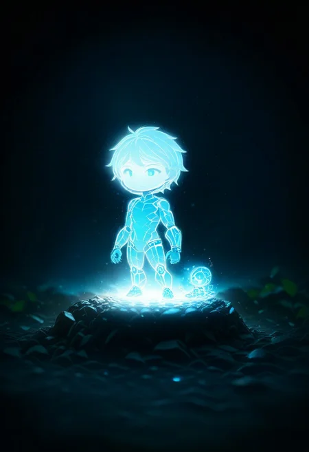 masterpiece, best quality, LIGHT ART PICTURE BOOK,( blue light:1.1), Rockmegamen, 1boy, full body, cute, chibi