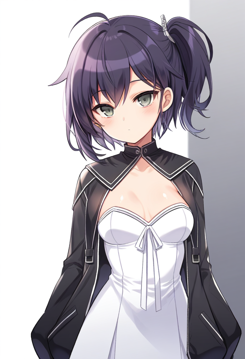 <lora:dhanadefaultoutfitcolsedcollar_IXL-10:0.95><lora:dhanaopini_IXL-10:0.7>,,dhanasdefaultoutfit,(artist:maett:0.9),(artist:kyjsogom:0.86),1girl,dhanaopini,purple hair,one side up,grey eyes,white strapless dress,black jacket,open jacket,
shiny,solo,small breasts,masterpiece,best quality,short hair,bar code,