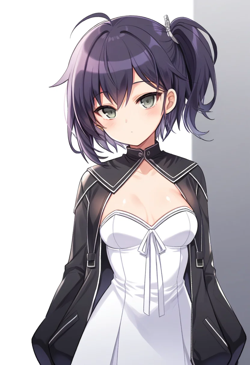 <lora:dhanadefaultoutfitcolsedcollar_IXL-10:0.95><lora:dhanaopini_IXL-10:0.7>,,dhanasdefaultoutfit,(artist:maett:0.9),(artist:kyjsogom:0.86),1girl,dhanaopini,purple hair,one side up,grey eyes,white strapless dress,black jacket,open jacket,
shiny,solo,small breasts,masterpiece,best quality,short hair,bar code,