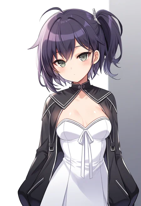 <lora:dhanadefaultoutfitcolsedcollar_IXL-10:0.95><lora:dhanaopini_IXL-10:0.7>,,dhanasdefaultoutfit,(artist:maett:0.9),(artist:kyjsogom:0.86),1girl,dhanaopini,purple hair,one side up,grey eyes,white strapless dress,black jacket,open jacket,
shiny,solo,small breasts,masterpiece,best quality,short hair,bar code,