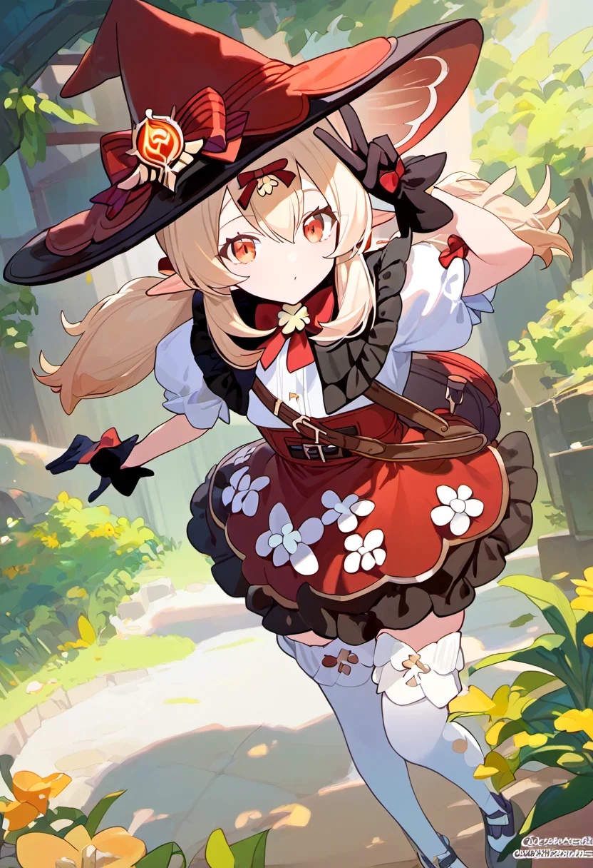score_9,score_8_up,score_7_up, klee_(blossoming_starlight)_(genshin_impact), klee_(genshin_impact), witch_hat, highres, 1girl, black_gloves, pointy_ears, red_headwear, blonde_hair, red_eyes, vision_(genshin_impact), official_alternate_costume, low_twintails
