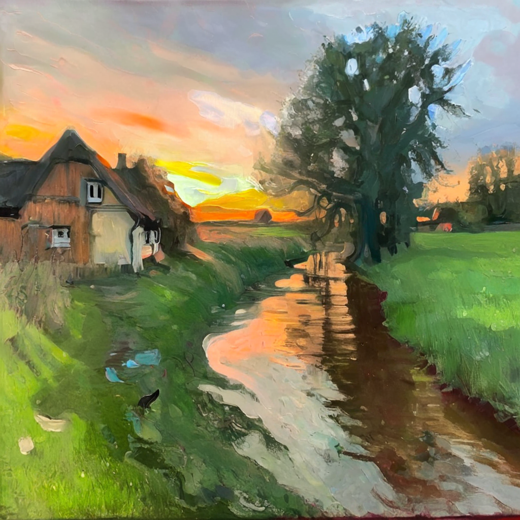 artmix07 landscape at sunset, stream, meadow, houses in the background, an old crooked tree in the foreground <lora:artmix07:1>
