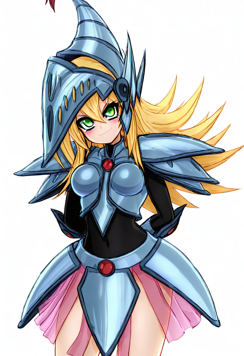 masterpiece, best quality, medium breasts, (curvy),   zzDMGDragonKnight, green eyes, long hair, blonde hair, hair between eyes, armor, helmet,  , <lora:DarkMagicianGirlDragonKnight_NAI:1.0>,, smile, looking at viewer, cowboy shot, leaning forward, hands behind back, smug, head tilt, ,<lora:MantisNAI:0.8>,