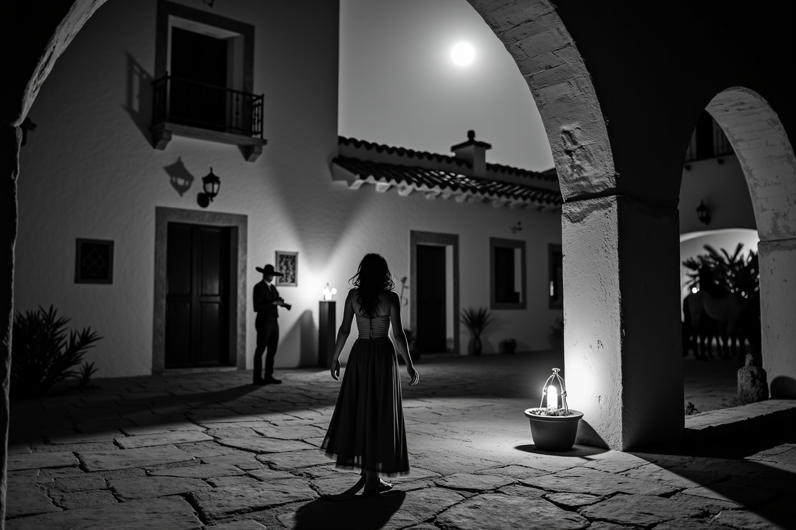 <lora:Mexican Noir Style-flux:1> mxnoirsty, black and white, dark,   The Ghost Ranch (Mexican Gothic Noir, Shot on a 120mm Rolleiflex, Long Shadows & Candlelight for Drama)
An abandoned hacienda stands under a full moon, its grand archways crumbling with age. A woman in a long rebozo walks through the courtyard, the hem of her dress brushing against the stone floor. She carries a candle in one hand, her face illuminated only by its flickering glow. Behind her, the silhouette of a charroâhis hat tilted low, his figure unnervingly stillâstands by the corral, where ghostly horses seem to shimmer in the darkness. Captured with heavy shadows and grainy film texture, the image feels like a lost legend whispered through generations.