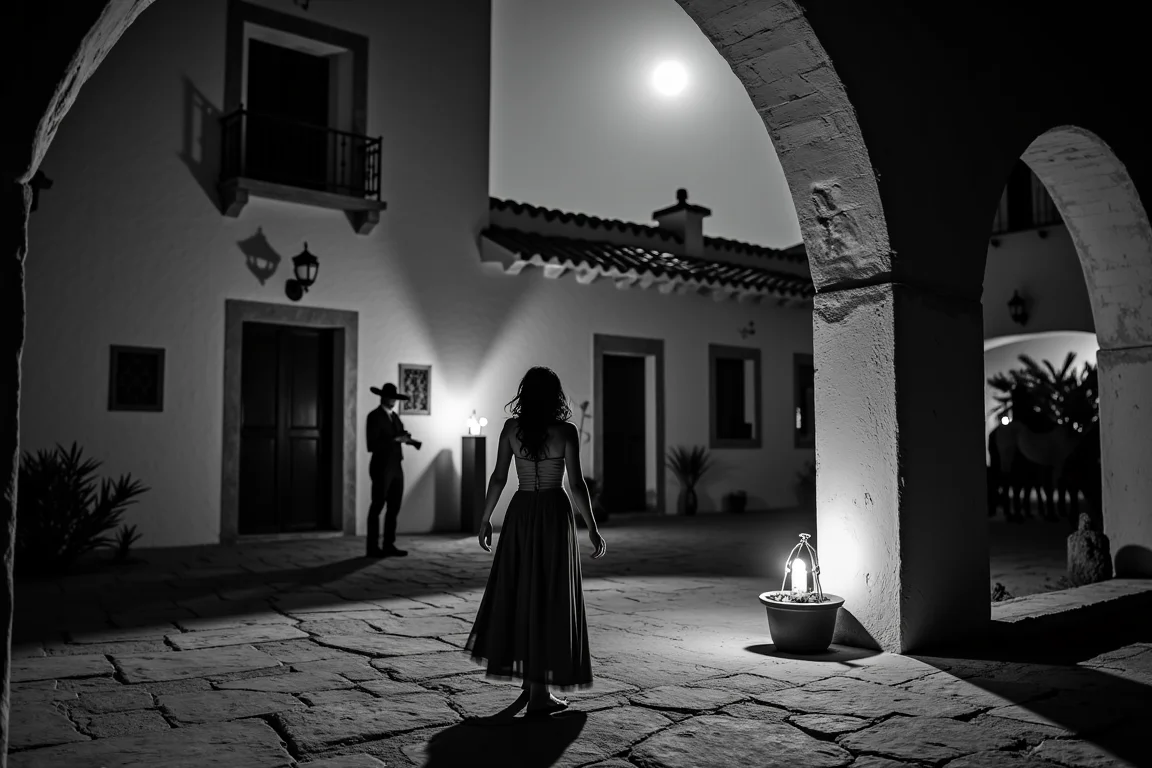 <lora:Mexican Noir Style-flux:1> mxnoirsty, black and white, dark, The Ghost Ranch (Mexican Gothic Noir, Shot on a 120mm Rolleiflex, Long Shadows & Candlelight for Drama)
An abandoned hacienda stands under a full moon, its grand archways crumbling with age. A woman in a long rebozo walks through the courtyard, the hem of her dress brushing against the stone floor. She carries a candle in one hand, her face illuminated only by its flickering glow. Behind her, the silhouette of a charro—his hat tilted low, his figure unnervingly still—stands by the corral, where ghostly horses seem to shimmer in the darkness. Captured with heavy shadows and grainy film texture, the image feels like a lost legend whispered through generations.