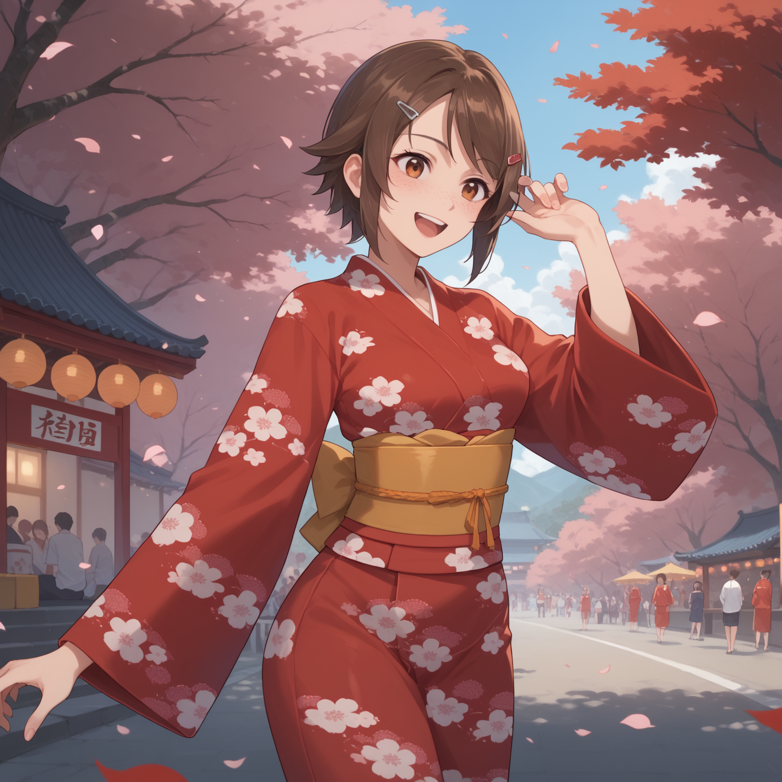 score_9, score_8_up, score_7_up, score_6_up, source anime, 1girl, solo, <lora:Lisbeth-Rika Shinozaki - Sword Art Online-000005:1>, solo, LisShino, short hair, freckles, brown hair, hairclip, medium breasts, hair flower, red kimono, floral print, obi, festival, happy,
