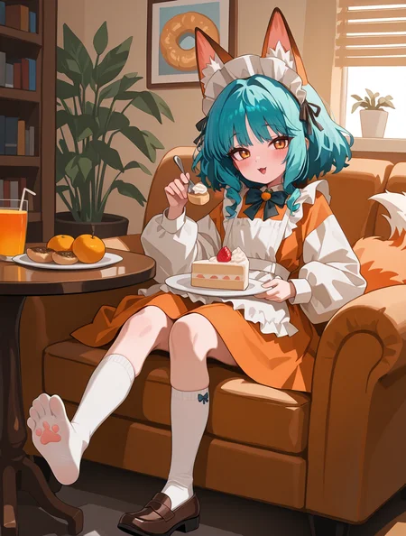 perfect quality,high quality,masterpiece,best quality,amazing quality,very aesthetic,absurdres,
Loose Spiral Curls,lightblue hair,plant,pottedplant,socks,animalears,whitesocks,cake,food,noshoes,unwornshoes,shoes,couch,lookingatviewer,indoors,cakeslice,drinkingstraw,dress,bow,animalearfluff,longsleeves,cup,frills,thighstrap,oncouch,frilledtable,openmouth,sitting,whitedress,blush,widesleeves,brownfootwear,drink,doughnut,feet,soles,holding,veryfoxears,drinkingglass,bowtie,kneehighs,book,fullbody,maidheaddress,handsup,frilleddress,multicoloribbon,foxgirl,skirt,plate,orangeslice,window,whiteshirt,ribbontrim,juice,orange(fruit),loafers,cookie,bluntbangs,chair,shirt,legup,pawprint,singleshoe,toes,flower,whitebow,sidelocks,ownhandstogether,fruit,whiteribbon,armchair,apron,fork,foxtail,legs,redflower,blackbow,tail,windowblinds,bendystraw,leaf,box,:o,stuffedtoy,whiteapron,whitesleeves,orangedress,partedlips,bookshelf,whitetwo-tonedress,frilledapron,ribbon-trimmedsleeves,day,smile,lolitapillow,stuffedanimal,legsup,clothingcutout,bluebow,glass,reclining,kneesup,,
ASIC0601CYQL,<lora:ASIC0601CYQL:1>,<lora:spo_sdxl_10ep_4k-data_lora_webui:0.7>,<lora:MinimalistFlatColorXL_byKonan:0.5>,<lora:96YOTTEA-WAI:0.8>,,