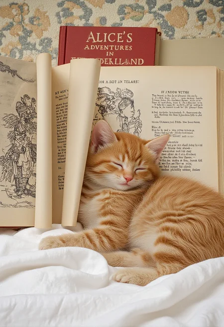 photograph captures a serene and adorable scene of a small, fluffy orange tabby kitten sleeping soundly on a soft, white blanket. The kitten, with its eyes closed and head slightly tilted back, appears to be deeply relaxed and content. Its fur is soft and slightly fluffy, with a mix of orange and cream colors, and its tiny paws are tucked neatly under its body.,
The kitten is positioned in front of an open book, which is partially visible. The book is an old-fashioned hardcover with a red cover, featuring black text and illustrations. The title of the book, "Alice's Adventures in Wonderland, " is clearly visible on the spine. The book's pages are filled with black text and intricate illustrations, suggesting it is a children's classic.,
The background includes a portion of a patterned, light-colored carpet with subtle floral and geometric designs, adding a cozy and homey atmosphere to the scene. The overall mood of the photograph is peaceful and tranquil, emphasizing the innocence and cuteness of the sleeping kitten against the backdrop of a beloved children's storybook., <lora:aidmaImageUpraderv0.3:0.4>, aidmaimageupgrader, <lora:diffusion_pytorch_model:1>, <lora:aidmaMJ6.1_v0.5_3:0.7>, aidmaMJ6.1, ultra quality, ultra detailed, intricate details