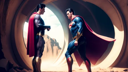 photo, superman (thnos:0.5) standing in front of, a tunnel (BaroqueWarrior style:1) (ToweringPortal style:0.8) <lora:djzToweringPortalV21:0.8> <lora:thanos1521768Lora_sd21768:0.4>