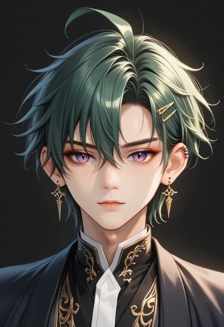 Score_9, Score_8, Score_7,masterpiece quality, full body, perfect eyes, perfect face, perfect ears, perfect anatomy, perfect hands, intricate details, BREAK,1boy, antherima, front view,, upper body, solo, 20 years old, dark green hair, hair between eyes, asymmetrical hair parting on left, hair clip on left side, ahoge, medium length bangs, anime reference, slit pupils, purple Eyes, light_red_eyeshadow, ((1_earstud_left_side)), BREAK, dark_green_hanfu, extreme detail, layered_ green_clothing, long sleeves, wishing good fortune, arms_in_front_of_chest, ,BREAK,
((black_background))