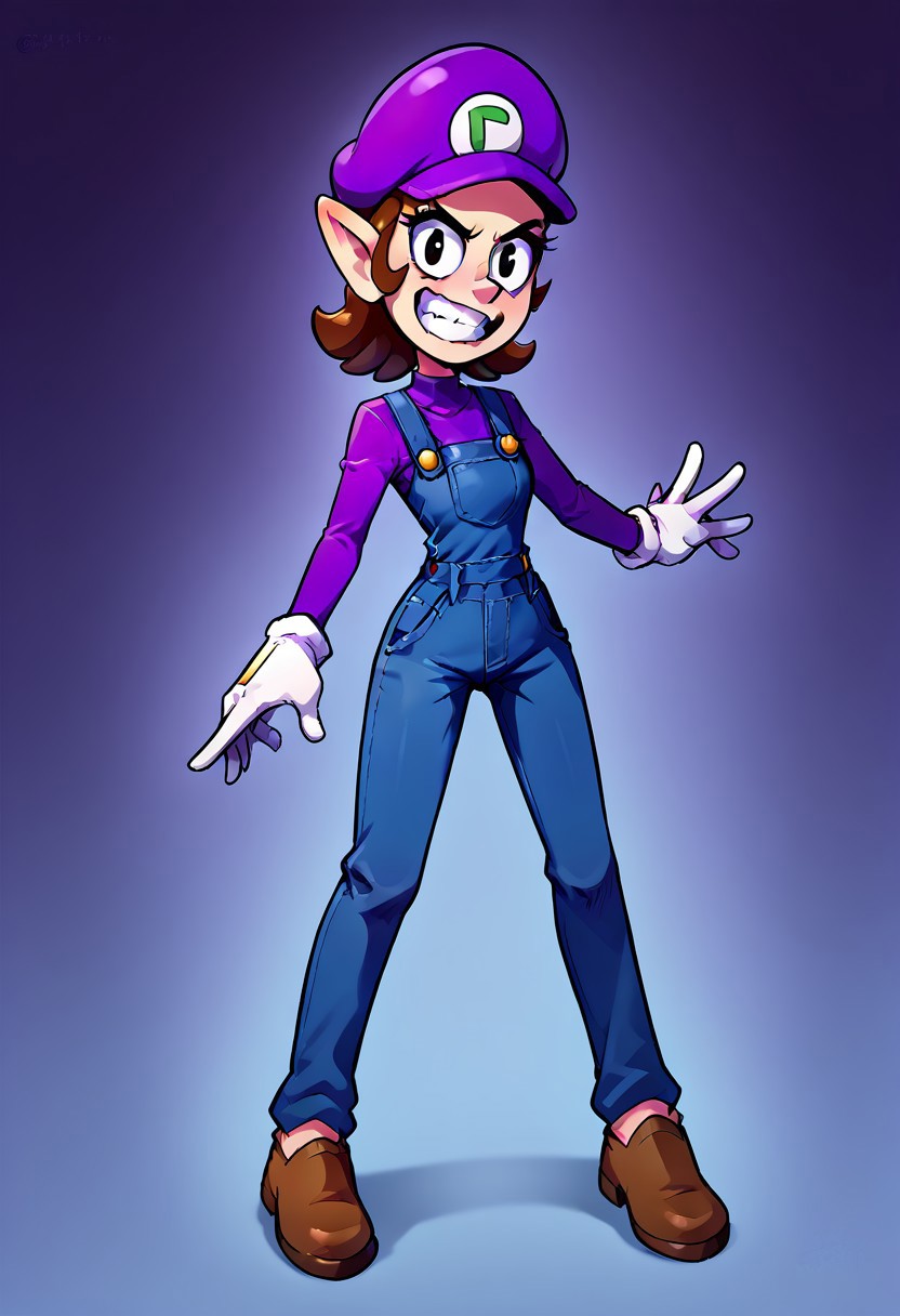 score_9, score_8_up, 
{source_anime, 1woman, solo, Waluigi, genderswap \(mtf\), Waluette, no mustache, teeth, pointy ears, brown hair, hat, purple headwear, purple shirt, long sleeves, overalls, white gloves, brown shoes, long legs,},
<lora:ChamWaluigiPonyXL:1>