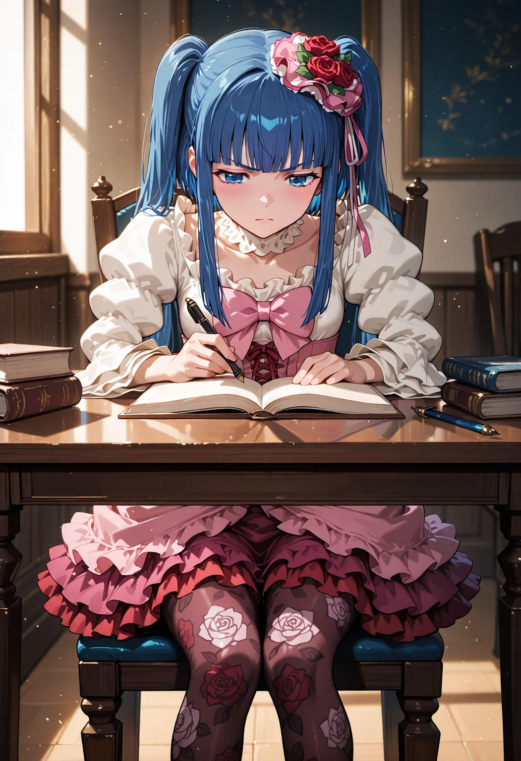 <lora:Furudo_Erika_v2:0.85>, <lora:SDXL_HandFineTuning_XL:0.4>, <lora:for_illust_spo_sdxl_10ep_4k-data_lora_webui:0.7>, <lora:for_illust_GBF_Illustrious:0.4>, <lora:for_illust_ponyv5_noobV065S_1_adamW-000013:0.2>, <lora:for_illust_748cmSDXL:0.3>, <lora:warm light style v2:0.4>, perfect quality, best quality, absolutely eye-catching, cinematic, (masterpiece), (ultra-detailed), Soft lighting, very aesthetic, illustration, perfect composition, portrait, cowboy shot, ultra detailed face, blue eyes, serious, sitting, book, pen, studying, table, chair, detailed eyes,solo, 1girl, furudo erika, print pantyhose, floral print pantyhose, pantyhose, frills, frilled skirt, blue hair,