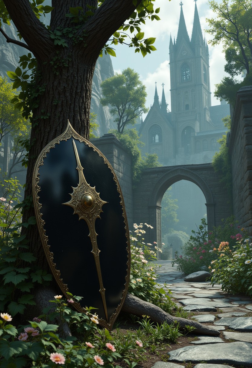 A shield made of polished obsidian leans against a lone tree in the heart of an abandoned city, its streets overtaken by nature. Vines creep over crumbling stone bridges, and wildflowers bloom where battlements once stood. The shield’s surface is impossibly smooth, reflecting not the overgrown ruins but a ghostly vision of the city as it was—grand, thriving, filled with light. A soft breeze stirs the leaves, carrying echoes of laughter and long-forgotten battle cries, as if the city remembers.
   , aidmabaldursgate3, aidmamj6.1, aidmafluxpro1.1