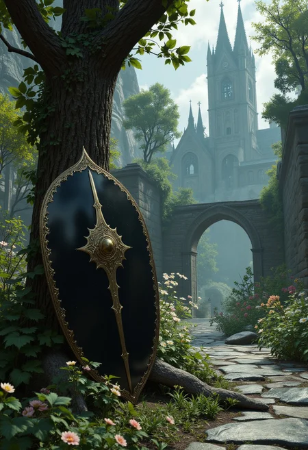 A shield made of polished obsidian leans against a lone tree in the heart of an abandoned city, its streets overtaken by nature. Vines creep over crumbling stone bridges, and wildflowers bloom where battlements once stood. The shield’s surface is impossibly smooth, reflecting not the overgrown ruins but a ghostly vision of the city as it was—grand, thriving, filled with light. A soft breeze stirs the leaves, carrying echoes of laughter and long-forgotten battle cries, as if the city remembers.
   , aidmabaldursgate3, aidmamj6.1, aidmafluxpro1.1