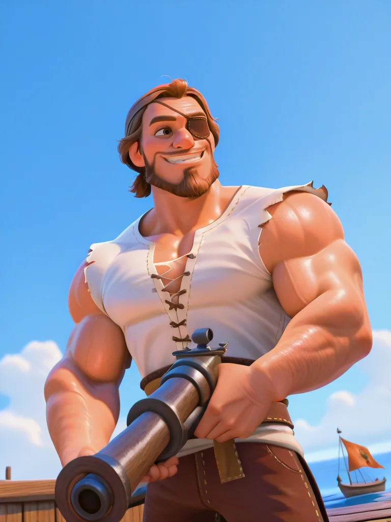 DisneyStudioXL, cinematic, cartoon,
muscular male holding a big canon gun with one arm, pirate, sea, boat, flag, sky ,looking at away, smile, cute,, wooden builds, cowboy shot, dynamic angle, epic pose, from below, one eye closed, beard, white shirt, torn clothes, eye patch, dutch angle,
<lora:DisneyStudios_style-12IL:1>