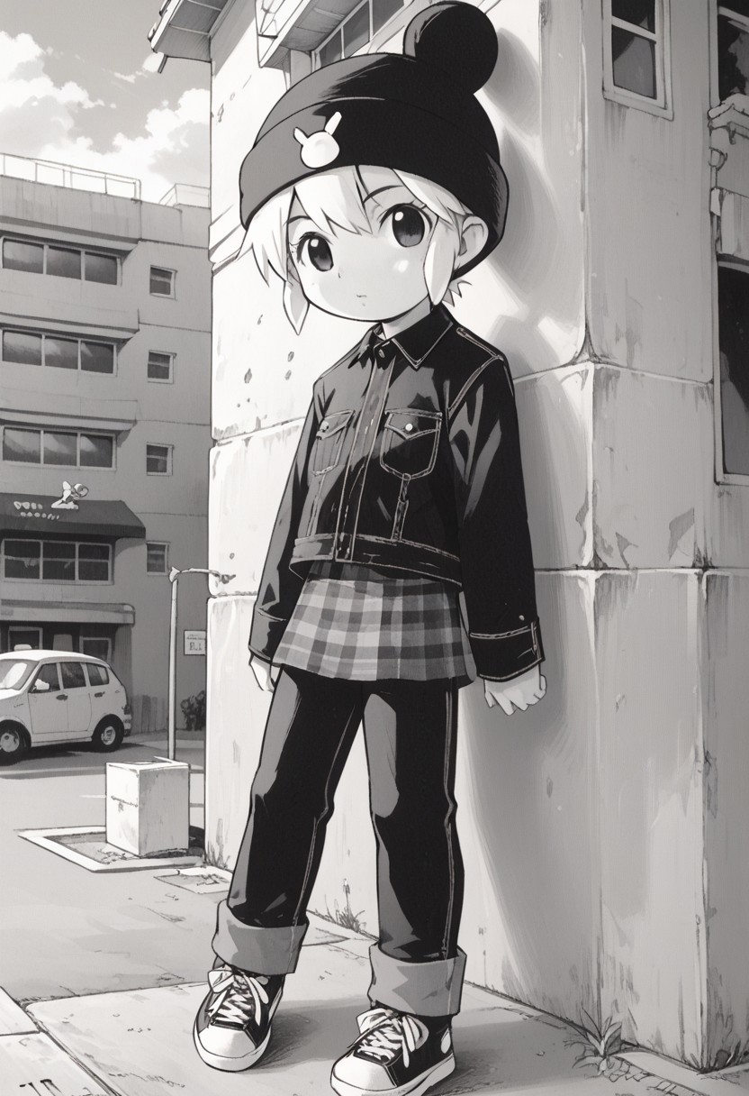 score_8, score_8_up, score_7_up, source_manga, manga_source, monochrome, greyscale, manga BREAK 1girl, female focus, solo, flat chest, usagi_kurokawa, beanie, black headwear, hat ornament, bangs, short hair, sidelocks, denim jacket, black jacket, collared jacket, breast pocket, long sleeves, skirt, pants under skirt, black pants, jeans, sneakers, black footwear, full body, building, outdoor, neighborhood, suburb, monochrome, greyscale, manga