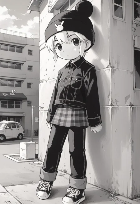 score_8, score_8_up, score_7_up, source_manga, manga_source, monochrome, greyscale, manga BREAK 1girl, female focus, solo, flat chest, usagi_kurokawa, beanie, black headwear, hat ornament, bangs, short hair, sidelocks, denim jacket, black jacket, collared jacket, breast pocket, long sleeves, skirt, pants under skirt, black pants, jeans, sneakers, black footwear, full body, building, outdoor, neighborhood, suburb, monochrome, greyscale, manga