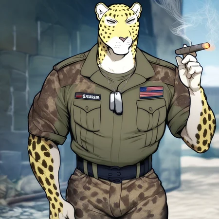 score_9_up, score_8_up, score_7_up, Masterpiece, best quality, high quality, detailed, male, solo male, 1boy, Charr Gadot, anthro, leopard, mature male, animal ears, yellow body, light underbelly, spots, athletic build, black eyes, muscular male, wide hips, thick thighs, outdoors, looking at viewer, standing, smoking a cigar, light green shirt, military, army, camo pants, dog tags necklace, half body