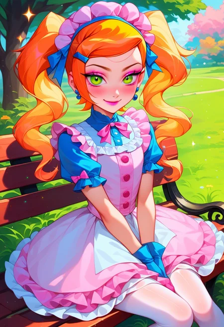 score_9, score_8_up, score_7_up, source_anime , 1girl, gwen tennyson (/Ben10)/, (ultra HD quality details), bright orange hair, pastel hair, long twintails, girly twintails, hair bows, multiple hair bows, very long hair, gradient hair, multicolored hair, pastel streaked hair, masterpiece, best quality, absurdres,
(pastel theme, lolitafashion:1.2), pastel lolitafashion, sweet lolitadress, pink shiny lolitadress, victorian dress, kawaii, cute, moe, puffy pink dress, petticoat, puffy sleeves, pastel colors, pastel pink, pastel blue, frilled bell skirt, pastel pantyhose, pastel dress, puffy sleeves, gloves, pastel headdress, many bows, multiple bows, ribbons, frills, frilled fabric, center frills, sparkles, glitter, cute lolitashoes,
lipstick, long eyelashes, eyeshadow, eyeliner, mascara, blush, pastel makeup,
outdoors, nature, park, park bench,
(solo:1.2), sitting, on bench, full body, dynamic pose, dutch angle, looking at viewer, v arms, half-closed eyes, happy smile, closed mouth,
intricate, highly detailed, majestic, shallow depth of field, movie still, circular polarizer