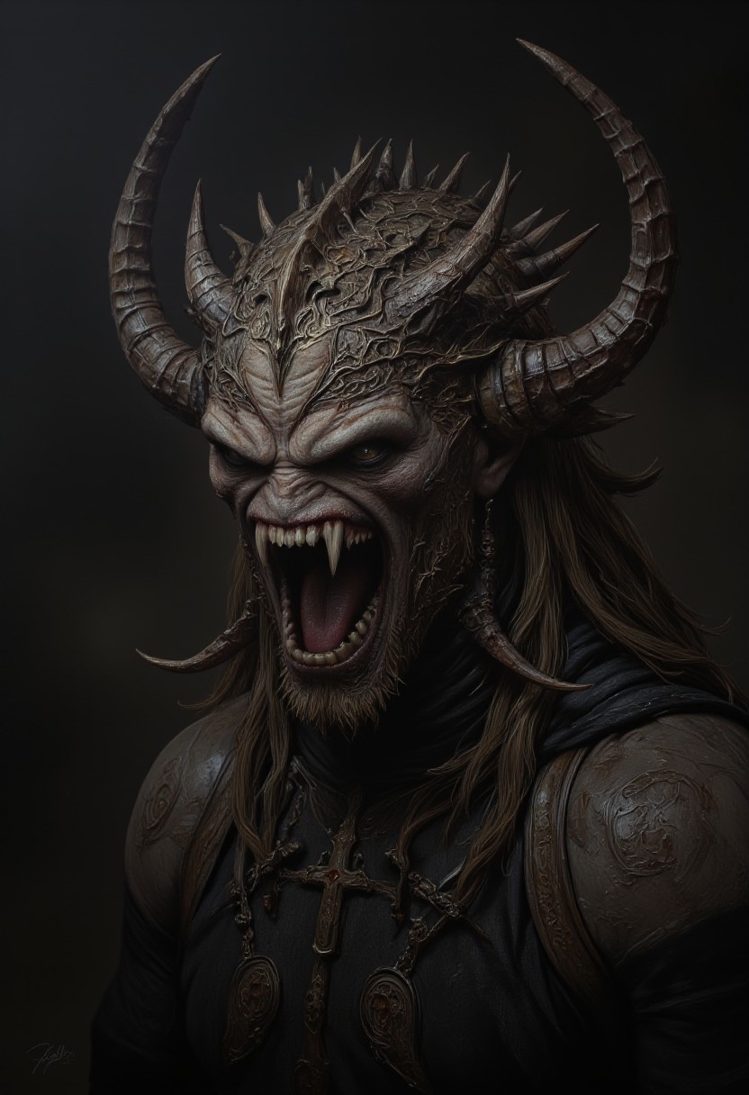 the Mokosh is an ancient, mythical creature, with long fangs, spikes, protruding from its head staring at you with old soulless eyes, skin like engraved stone where every grove tells a story. its presence demands respect  and loyalty, head and shoulder portrait, hyperdetailed, 8k resolution concept art, WLOP, Moebius, H.R. Giger, Royo, muddy, dark colors, minimal lighting, hyperrealism, digital illustration, intricate,( vapor:0.9), dorian cleavenger, brom, hyperrealism, digital illustration, horror, dark environment, (&:0)t  (photography, high-resolution, dynamic, energetic,hyper-realistic, dramatic lighting, shallow depth of field.)
