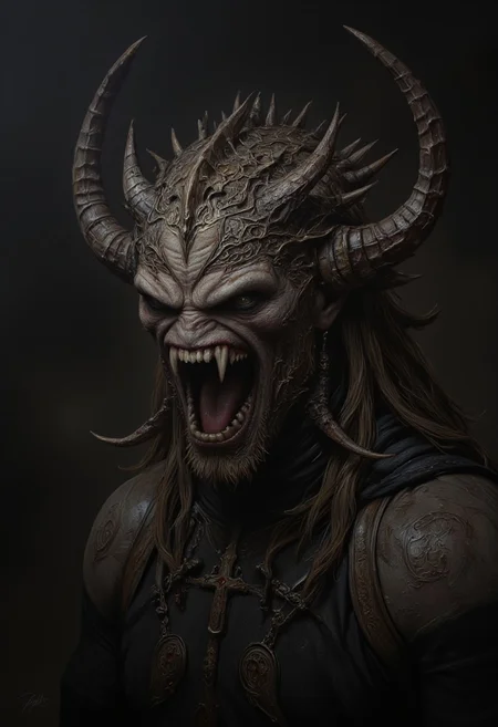 the Mokosh is an ancient, mythical creature, with long fangs, spikes, protruding from its head staring at you with old soulless eyes, skin like engraved stone where every grove tells a story. its presence demands respect and loyalty, head and shoulder portrait, hyperdetailed, 8k resolution concept art, WLOP, Moebius, H.R. Giger, Royo, muddy, dark colors, minimal lighting, hyperrealism, digital illustration, intricate,( vapor:0.9), dorian cleavenger, brom, hyperrealism, digital illustration, horror, dark environment, (&:0)t (photography, high-resolution, dynamic, energetic,hyper-realistic, dramatic lighting, shallow depth of field.)