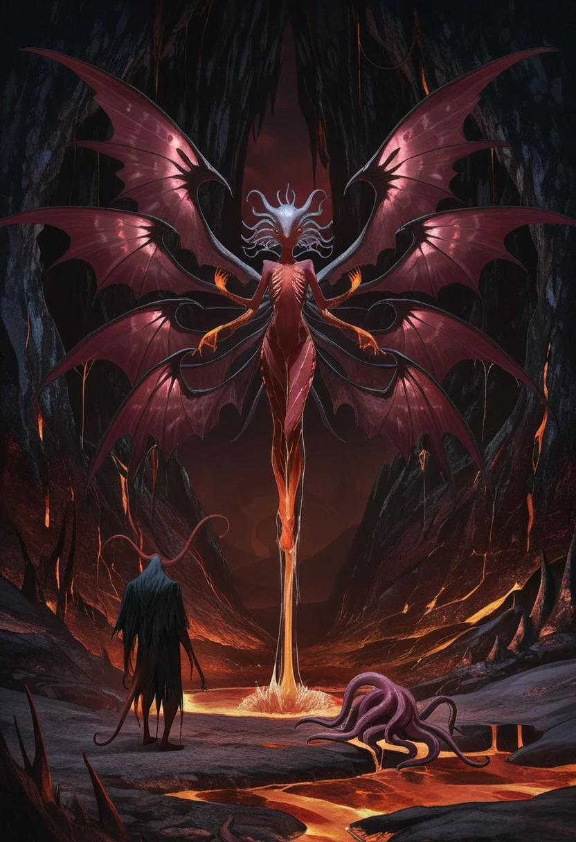 MASTERPIECE, AMAZING QUALITY, 3NDL3SS, ELDRITCH ABOMINATION, RED SKIN, ALIEN DEMON, WINGS, EXTRA WINGS, TENTACLES, EYES, EXTRA EYES, CAVERN, LAVA