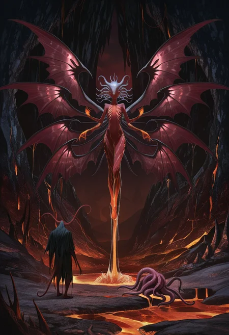 MASTERPIECE, AMAZING QUALITY, 3NDL3SS, ELDRITCH ABOMINATION, RED SKIN, ALIEN DEMON, WINGS, EXTRA WINGS, TENTACLES, EYES, EXTRA EYES, CAVERN, LAVA