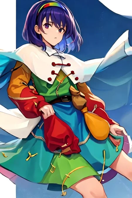 solo_focus, 1girl, ((white background, simple background)):2, (((masterpiece))), ((best quality)), ((ultra-detailed)), high resolution, absurdres, highres, ultra-detailed 8k unity wallpaper, 
Tenkyuu Chimata, multicolored hairband, multicolored dress, zipper lines (clothes), cape, cloud print, brown bag belt, pink boots,