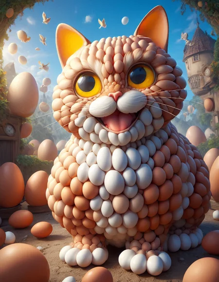 funny digital art of a cat with a big smile made of eggs, funny place background, masterpiece, absurdres, vibrant, dynamic angle, dynamic pose, dramatic light, highly detailed, scenery, no humans, <lora:EggsMorph:1>,