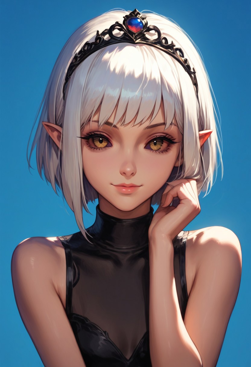 score_9, score_8_up, score_7_up, source_anime, score_9, score_8_up, score_7_up, score_6_up, score_5_up, score_4_up, 8k, extremely high definition, dramatic lighting, masterpiece,bestquality, extremely detailed, gloomy background, [[blue background]], (dim lighting:1.2), ((pale skin)),
BREAK 
1girl, face focus, cute, pretty, golden eyes,  ((blacksclera, dark sclera)), ebony tiara, white hair, bob cut, smiling, expressive, sleeveless red turtleneck, pointy ears, ((pale skin)), arms behind back, front view,
BREAK