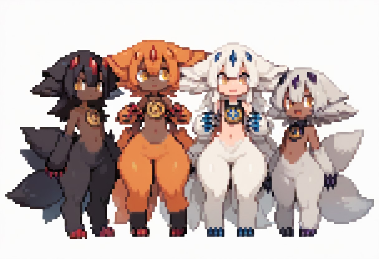 score_9, score_8_up, score_7_up,masterpiece, best_quality, ultra quality,high detail,full body view, whole character view,standing,flat chest, thick thighs, slightly wide hips, big ass, bottom heavy, narrow shoulders,estrus, Expressiveh, correct anatomy, correct hands, correct fingers, correct face, correct eyes, correct mouth,correct hair,happy trail,fluffy hair,fluffy, simple background, white background,Faputa, multiple girls, 5girls, dark skin, dark-skinned girls, white hair, black hair, gray hair, dark-red hair, orange hair, short hair, extra arms, red claws, dark-blue claws, purple claws, black claws, white claws, multiple tails, yellow eyes, white fur, black fur, gray fur, dark-red fur, orange fur, animal ears