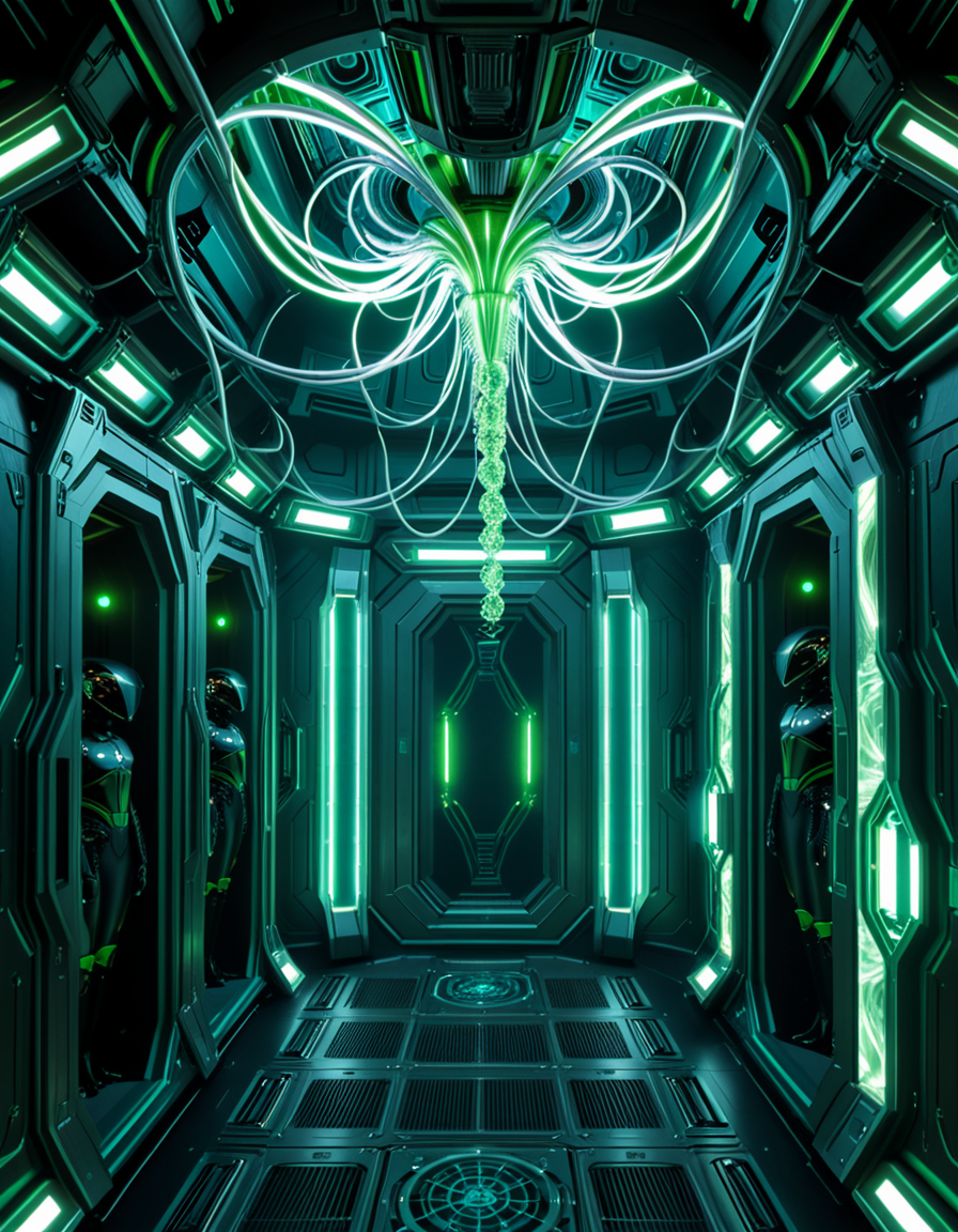 A dark, oppressive regeneration chamber deep within a Borg vessel â a biomechanical environment where drones return to recharge and interface with the collective. The chamber is dimly lit with pulsating green and white lights that flicker through dense shadows. The walls are lined with vertical alcoves, each containing a Borg drone standing motionless, plugged into the system via biomechanical tendrils, tubes, and neural interfaces embedded into their bodies.
The surfaces of the room are a fusion of metallic plating, organic texture, and cybernetic growths â as if the ship itself is alive, constantly shifting and adapting. Steam hisses softly from vents near the floor, and faint mechanical whirring echoes through the chamber. Fiber optic cables pulse with data transmissions, running across the ceiling like glowing veins. 
Above, a central neural conduit hangs like a mechanical spine from the ceiling, branching out and connecting to each alcove, feeding the collective hive mind with real-time information. The atmosphere is cold, sterile, and unnervingly silent â a place devoid of individuality, where only the will of the collective exists. There is no comfort here, only efficiency, order, and total control. 
<lora:SDXLFaeTastic2400:0.4> <lora:extremely_detailed:0.4> extremely detailed,<lora:borg_recharge_ch4mb3r:1>,borg recharge ch4mb3r, Masterpiece,best quality,hi res,8k,hi res,8k,award winning,(sharp focus, intricate, highly detailed),