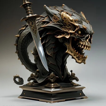 A detailed image of a metal crest featuring a dragon's head in profile with a vertical sword thrust through its skull. The dragon's head is dark bronze, detailed with scales, a prominent brow ridge, and sharp teeth, slightly raised from the base. The sword's blade is polished steel, and the hilt has silver and gold accents. The overall design is bold and three-dimensional, symbolizing strength and valor.