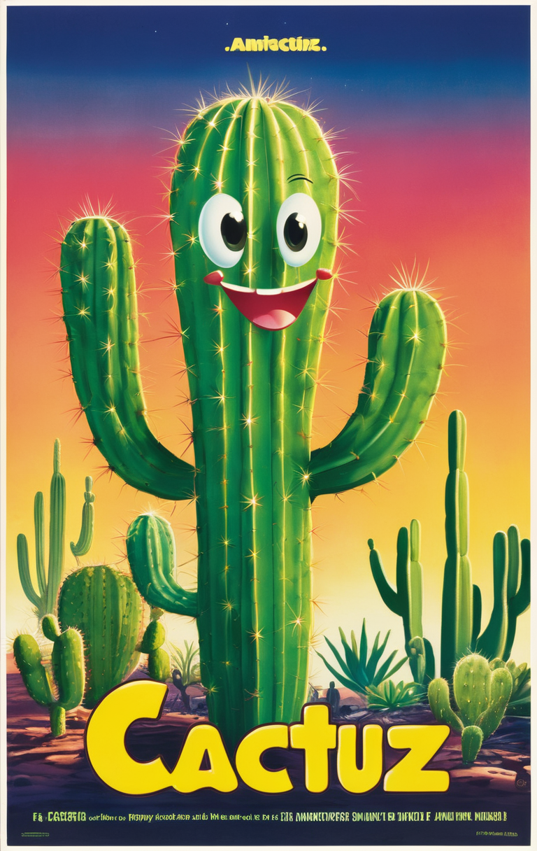 Cartoon of a happy cacto, with title "Cactuz" on it
 ,Movie Poster, MoviePosterRedAF,
,<lora:MoviePosterRedAFConfig4DebiComTE:1>