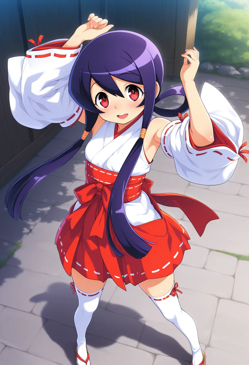 kaidou_akane, purple hair, red eyes, long hair, sidelocks, teenage,
ribbon trim, red ribbon, white detached sleeves, white japanese clothes, red short hakama, red skirt, thighâhigh white socks with frills, miko, zettai ryouiki, sandals
<lora:kaidou_akane(yajikita douchuuki)_Illustrious-XL-1.1-v1:1>, masterpiece,best quality,amazing quality, 1girl, solo, standing, (dynamic pose) , blush,open mouth,light smile,
looking at viewer,(upper body, close-up),
(outdoors)