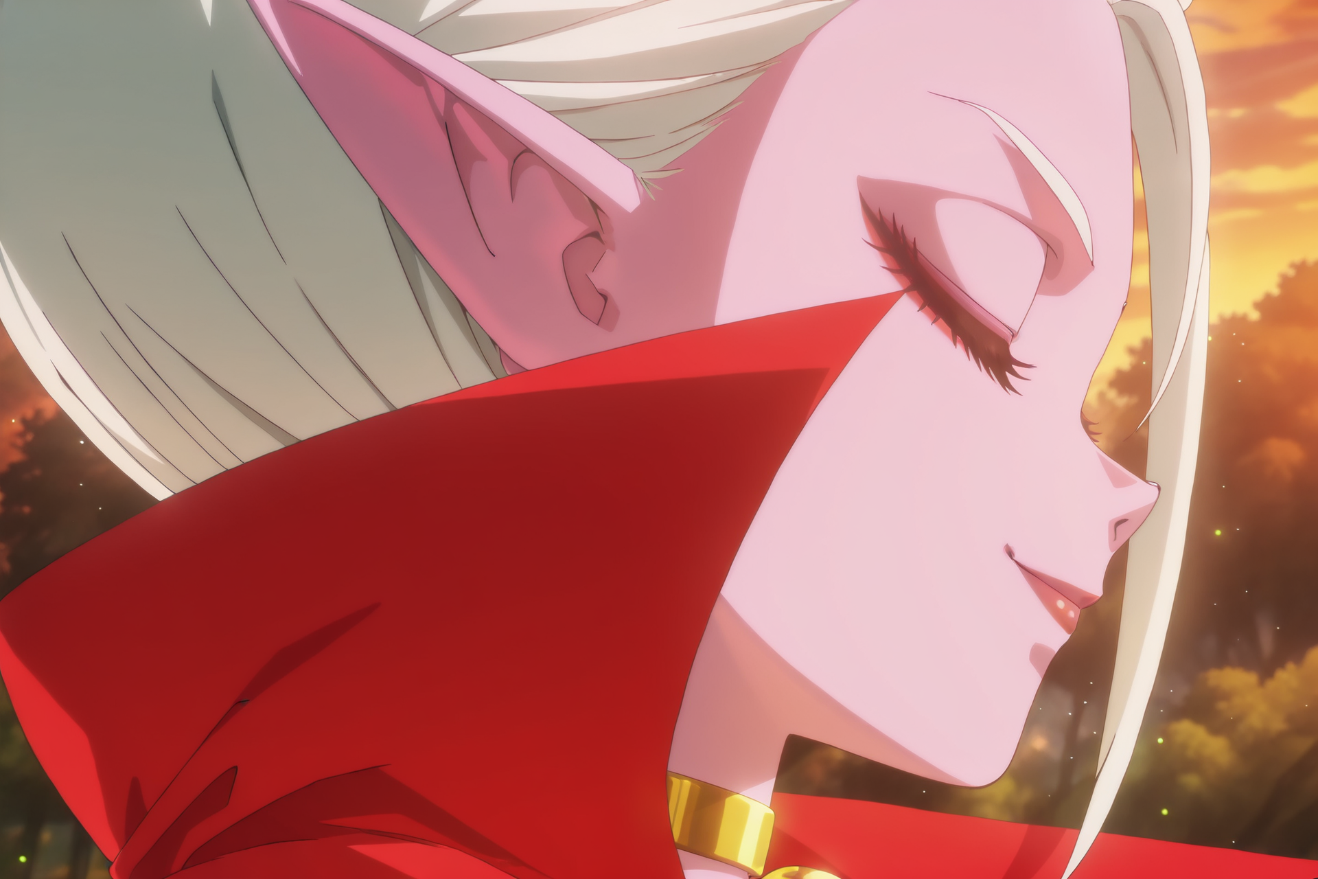 anime screencap, masterpiece, best quality, amazing quality, very aesthetic, absurdres, newest, (scenery, volumetric lighting), official style, dappled sunlight, light particles, light rays,
dr arinsu, official style, anime screencap, 1girl, solo, white hair, closed eyes, pointy ears, cleavage, gold choker, collared cape, red cape, two tone cape, from side, profile, calm, blurred background, outdoors, nature, makeup, lipstick, pink skin, colored skin, eyeliner, closed mouth, close-up, evening, v-shaped eyes, smile
 <lora:DrArinsu_IL:0.8>