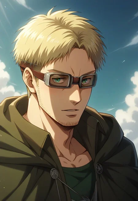 score_9, score_8_up, score_7_up, score_6_up, source_anime\(Attack on Titan\), perfect anatomy, perfect proportions, best quality, masterpiece, high_resolution, high quality, aesthetic, absurdres, (male focus), solo male, Abel, ((blond hair)), short hair, (long sideburns, thick facial hair, beard, chinstrap stubble, jawline stubble), paradis military uniform \(Attack on Titan\), (open tan color cropped jacket, olive green undershirt), (thick-rimmed giggles with bands around head, eyes behind goggles), green cloak\(Attack on Titan\), hooded cloak, hood down, adult, mature, masculine, manly, handsome, charming, alluring, portrait, upper body, dutch angle