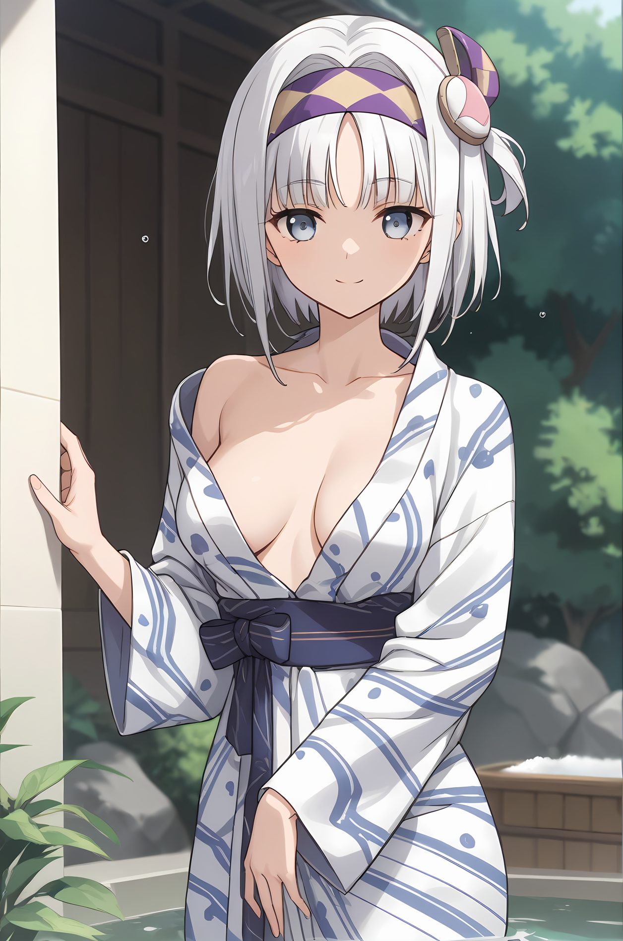 (bath yukata hanten:1.40), sh-syne, white hair, medium hair, headband, hair ornament, blue eyes, medium breasts, 1girl, solo, skinny, (score_9, score_8_up, score_8, score_7_up), score_7, score_6_up, score_6, source_anime,
(light smile:1.20),
(outdoors:1.20),
(:1.30),
, <lora:sh-syne-V01:0.70>
