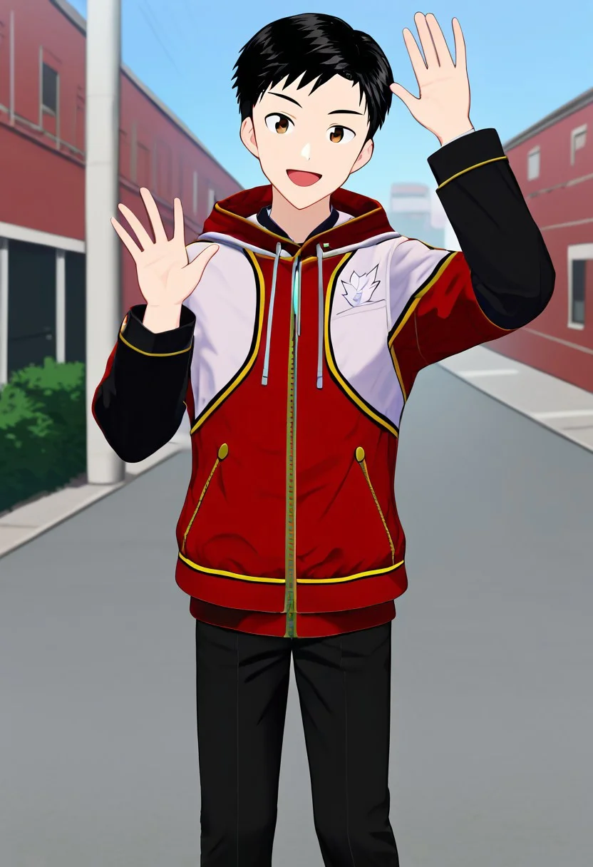 harmard, black hair, short hair, brown eyes, 1boy, solo, solo focus,red_white_jacket, black pants, outdoor setting, right hand waving gesture, handfixer