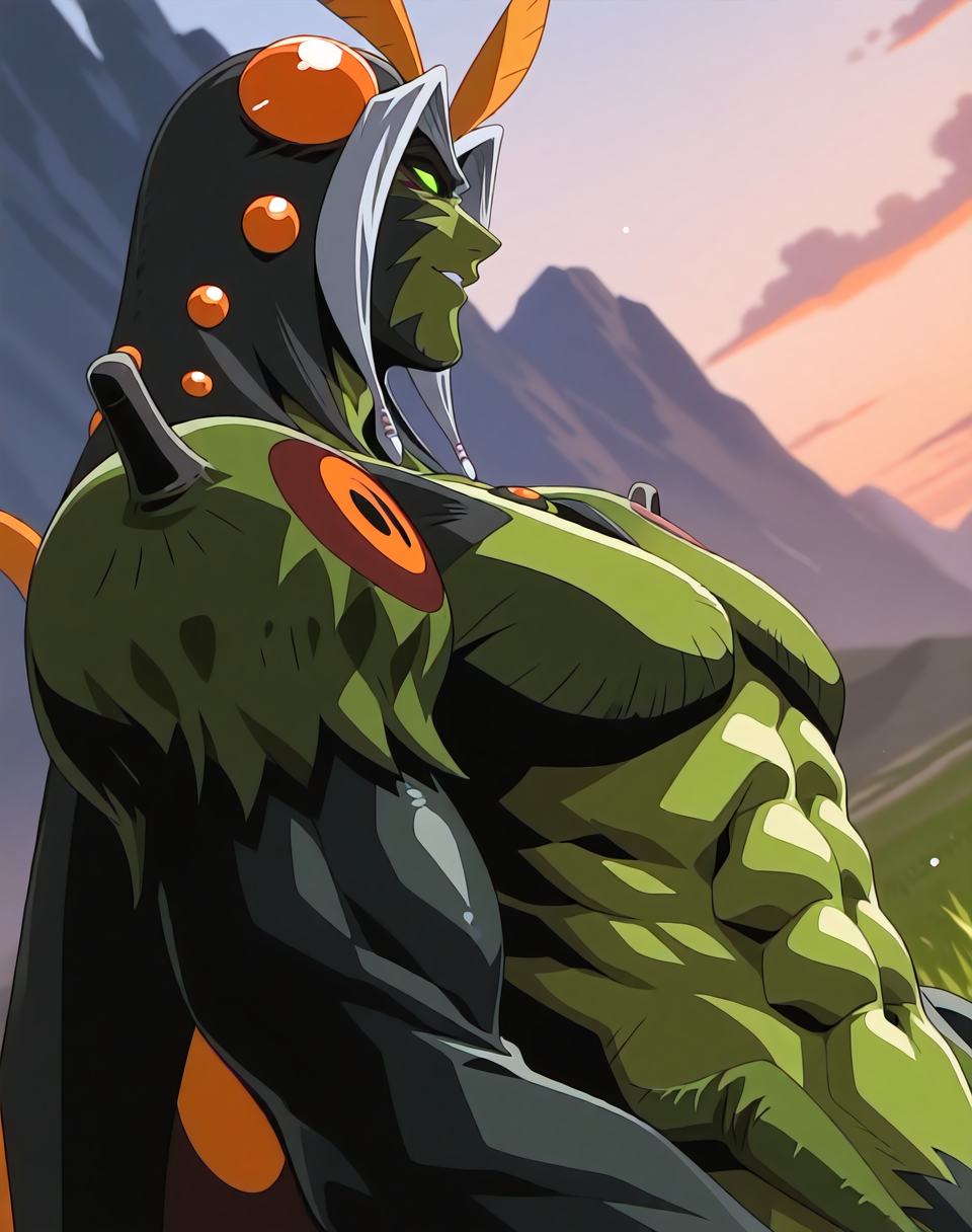 <lora:Ryokuga_(La_Blue_Girl_Returns)_(Illustrious)_(AD):1.35> Ryokuga, muscular, insect man, 
dutch angle, exterior, mountains, grass, 
male focus, gradient coloring, solo, close up, profile shot, green body, green face, villain, hyper muscular, large shoulders, large biceps, glowing eyes, abs, 
BREAK very awe, aesthetically pleasing, masterpiece, best quality, amazing quality, very aesthetic, perfect depth of field shot, in'ei, 
Smooth Quality, lazympos, IllustQualXL_Pos,