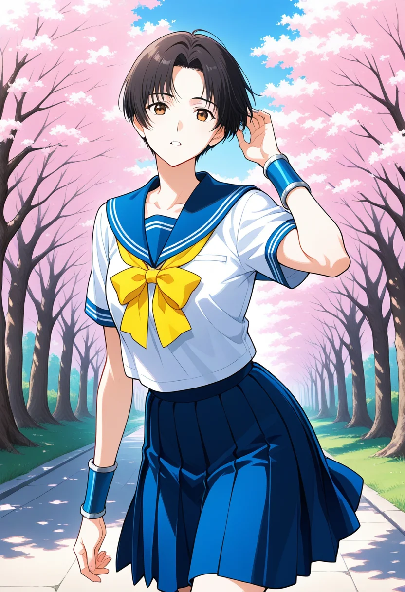 1girl, solo, linroninsoul, black hair, very short hair, parted bangs, brown eyes, white shirt, short sleeves, blue sailor collar, yellow neck bow, blue skirt, school uniform, blue bracers, outdoors, cherry blossoms, walking, cowboy shot, hand on hair, parted lips, looking at viewer