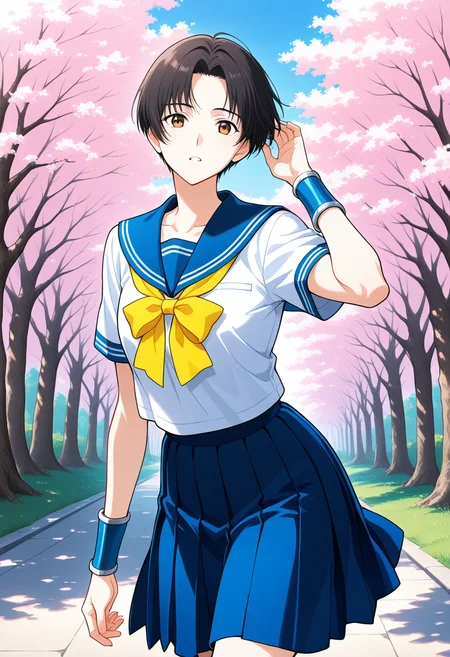 1girl, solo, linroninsoul, black hair, very short hair, parted bangs, brown eyes, white shirt, short sleeves, blue sailor collar, yellow neck bow, blue skirt, school uniform, blue bracers, outdoors, cherry blossoms, walking, cowboy shot, hand on hair, parted lips, looking at viewer