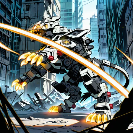 (masterpiece, best quality, amazing quality, very aesthetic, absurdres, newest,),(solo),
(<lora:Liger_Zero:1>,liger zero),
ruins,from side,glowing claws,glowing face,on hind legs,slashing,