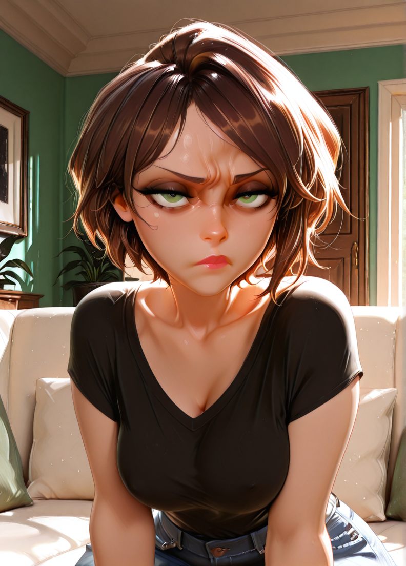 masterpiece, best quality, amazing quality, very aesthetic, absurdres, newest, detailed background, indoors, ( official style:1.2),
cassxd, 1girl, solo, short hair, brown hair, green eyes, looking at viewer, collarbone, lips, makeup,
black shirt, jewelry, denim pants,
medium breasts,sitting, couch, milf, curvy, large thights,  wide hips,
disgust,
<lora:Aunt_Cass_Hamada_-_Disney_Illustrious:1>,  <lora:Expression_Detailer_Illustrious_Lora:0.75>