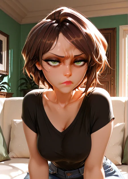 masterpiece, best quality, amazing quality, very aesthetic, absurdres, newest, detailed background, indoors, ( official style:1.2),
cassxd, 1girl, solo, short hair, brown hair, green eyes, looking at viewer, collarbone, lips, makeup,
black shirt, jewelry, denim pants,
medium breasts,sitting, couch, milf, curvy, large thights, wide hips,
disgust,
<lora:Aunt_Cass_Hamada_-_Disney_Illustrious:1>, <lora:Expression_Detailer_Illustrious_Lora:0.75>