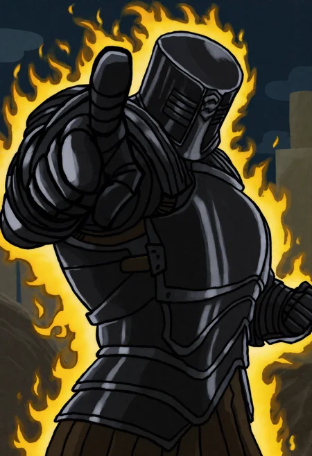 masterpiece, best quality, newest, absurdres, highres, outdoors, night, ambiguous gender, solo, dsbit, black helmet, black armor, black breastplate, black Pauldrons, black Cuirass, black Gauntlets, tunic under armor, black Greaves, stand \(jojo\), jojo pose, aura, glowing, power-up, foreshortening, zoom layer, pointing at viewer, from side, yellow aura, scott pilgrim \(series\)   <lora:Black_Iron_Tarkus_Illustrious-000009:1>