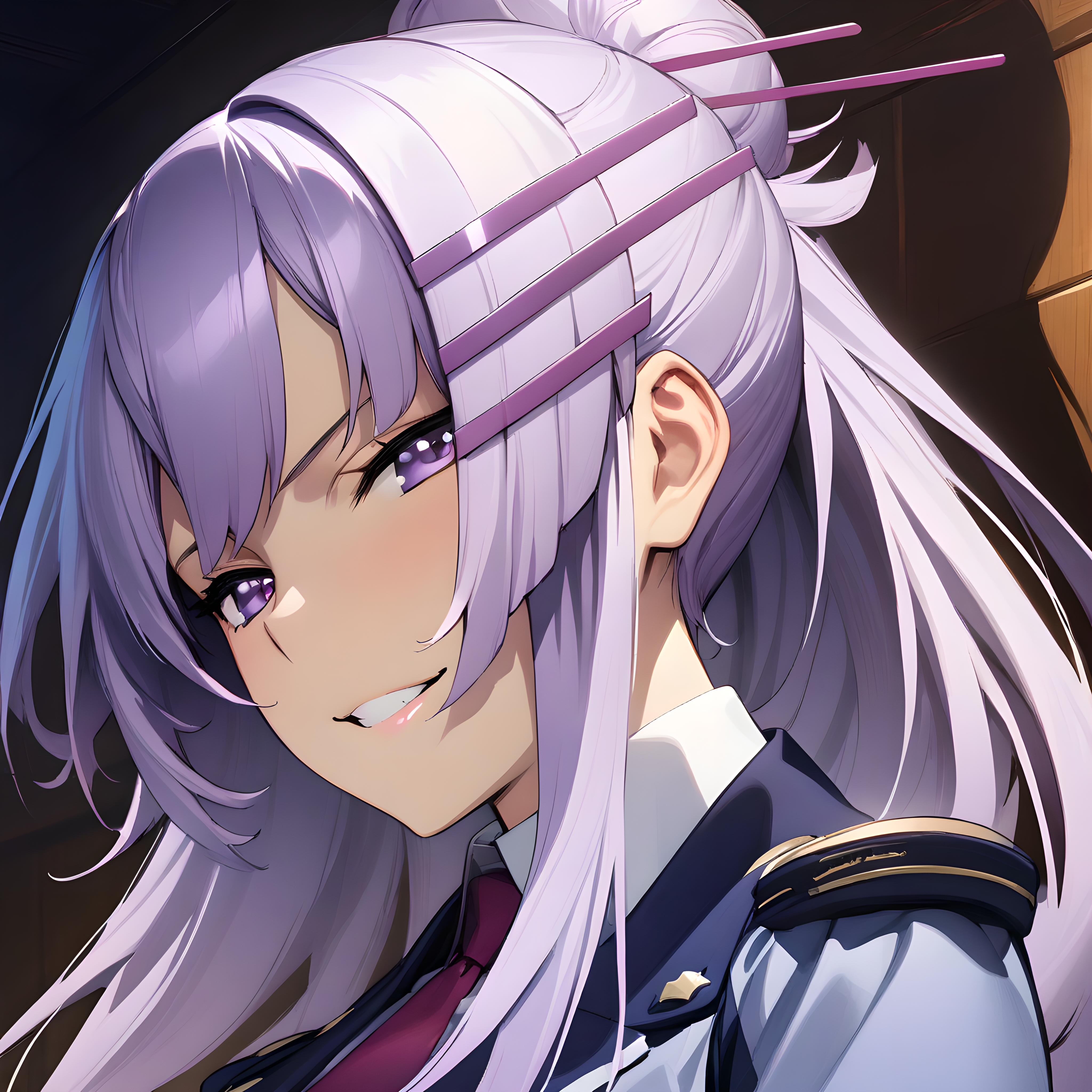(masterpiece),(best quality),(ultra-detailed),(best illustration),(best shadow),(absurdres),(detailed background),(very aesthetic), frolaytia capistrano, 1girl, solo, hair ornament, long hair, purple eyes, teeth, purple hair, seductive smile, hairclip, uniform,  portrait<lora:frolaytia:1>