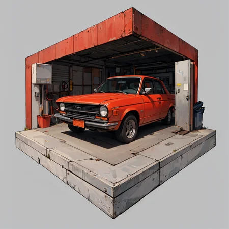 hexagonal composition, woman, garage, car, wrench, car repairs, long red hair, grease on shirt, simple background  <lora:hexagon_composition_03:0.6>