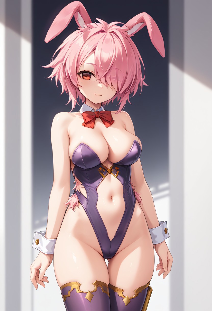 score_9, score_8_up, score_7_up,masterpiece, best quality, absurdres, extremely detailed,2d,source anime,1girl,pink hair,red eyes,purple suit,thighhighs,cleavage,short hair,hair over one eye, rabbit girl,rabbit ears,smile,jumping,cowboy shot