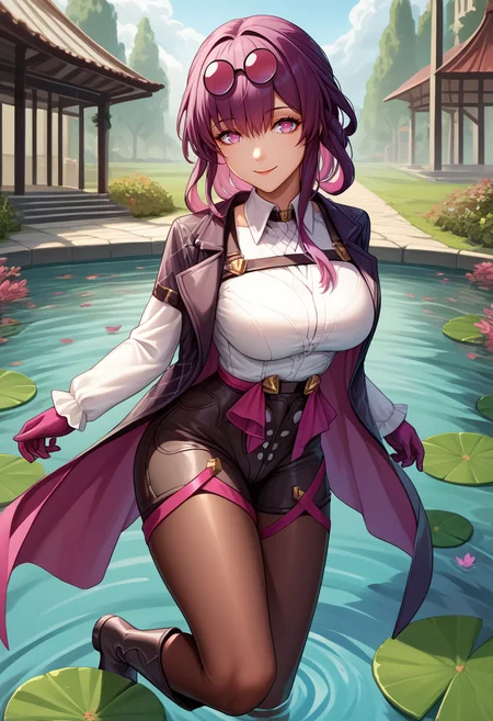 score_9, score_8_up, score_7_up, source_anime, <lora:Kafka-000008:1>, kafkadef, 1girl, solo, purple eyes, bangs, full body, collared shirt, japnese garden, pond, eyewear on head, purple gloves, white shirt, large breasts, purple eyes, high-waist shorts, pantyhose, black_shorts, black_jacket, wide_shot, smiling, boots